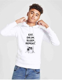 Resim Eat Drum Sleep Repeat Baskılı Unisex Çocuk Kapüşonlu Beyaz Sweat Beyaz 
