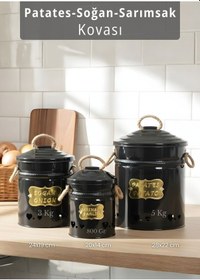 Resim 3'lü Set Sebzelik Metal Patates Soğan Sepeti Sarımsak Kovası Şık Organizer Siyah Siyah 