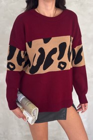 Resim FEMELLE Kadın Bordo Standart Beden Leopar Desen Oversize Triko Kazak 