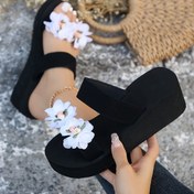 Resim Kadınlar İçin Rahat Kalın Tabanlı Plaj Sandaletleri - Açık Burun, El Yapımı 3D Çiçek Desenli Siyah Kumaş, EVA Taban, Yazlık Giyim Platform Ayakkabılar, Günlük Slip-Onlar|Şık Platform Topuklular|Askısız Sandaletler, Bayan Sandaletleri 