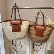 Resim 1 Adet Bej Dokuma Hasır Tote Çanta Kadınlar İçin, Büyük Kapasiteli Tatil Plaj Sepeti Sabit Omuz Askılı, Fermuarlı Kapatma, Polyester Astarlı, Moda Orman Tarzı Askılı Çanta, Plaj Çanta Aksesuarları 