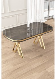 Resim Canisa Zae Serisi 90x168 Lak Panel Antrasit Ironi Gold Ayak Masa Takımı 4 Gri Sandalye Antrasit İroni Masa Gri Sandalye Ayaklar Gold 