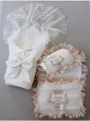 Resim Yenidoğan Nil Taç Nakışlı Kundaklı Trilüks 3lü Alt Açma Seti Bej 