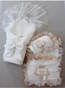 Resim Yenidoğan Nil Taç Nakışlı Kundaklı Trilüks 3lü Alt Açma Seti Bej 