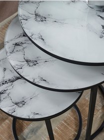 Resim 3' Lü Beyaz Mermer Temperli Cam Siyah Metal Sehpa 