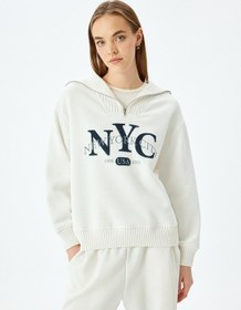 Resim Koton Yarım Fermuarlı Baskılı Oversize Kolej Sweatshirt Ekru 5sal10516ık Ekru 