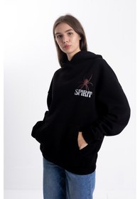 Resim Unisex Spırıt Baskı Kapşonlu Sweatshirt Siyah 