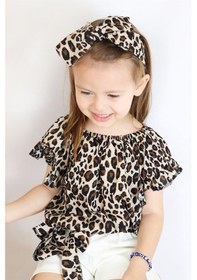 Resim Kız Bebek Viskon Leopar Madonna Yaka Şortlu Bandana Alt Üst Takım Leopar 
