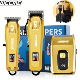 Resim WEEME 3'lü/2'li Premium Bakım Seti Altın Renk Elektrikli Saç Kesme Makinesi + Zero-Gap Tıraş Makinesi + Döner Tıraş Makinesi USB Hızlı Şarj & LCD Ekran Ultra Sessiz ve Pürüzsüz Ev/Seyahat İçin Erkekler (Baba/Koca/Erkek Arkadaş) için Mükemmel Hediye Berber Kalitesinde Araçlar 