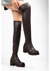 Resim 767-3010 Kahve Streç Günlük Kalın Topuklu Kadın Çizme Kahverengi 