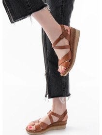 Resim 731-045 Taba Çapraz Hakiki Deri Dolgu Topuklu Günlük Kadın Sandalet Taba 