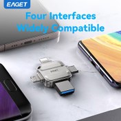 Resim EAGET 4'sü 1 Arada Yüksek Hızlı USB 3.0 Flaş Sürücü, Çoklu Arayüz Bellek Çubuğu, Tak ve Oynat, Tek Tıklama Yedekleme, iPhone, iPad, Mac, PC, Android Cihazlarla Veri Depolama ve Aktarım için Uyumlu 