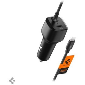 Resim Spigen 47W USB-C 2 Port Araç içi Hızlı Şarj Aleti + Lightning Şarj Kablosu Güç Adaptörü Çakmaklık iPhone & iPad Type-C Black 