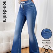 Resim [Denim Baskı/Taklit Deniz] Kadın takım denem flare pantolon, elastik bel bandı ile ayarlanabilir ip detaylı esnek kumaş ve sahte cepler, İlkbahar yaz sonbahar çok amaç çalışkan ofis giyimi ikon moda rafine konforlu fit strech paça 