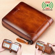Resim Erkeklerin Gerçek Üst Katı İnek Derisi Cüzdan Moda Klibi ile Zipper, Çok Fonksiyonlu Kısa Tasarım, Büyük Kapasiteli Kart Tutucu, RFID Hırsızlık Koruması için Dışarı Çıkış 