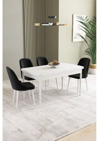 Resim Ikon Beyaz 80x132 Mdf Açılabilir Yemek Masası Takımı 4 Adet Sandalye Siyah 