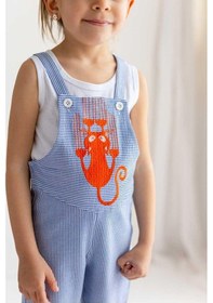 Resim Oliven The Kid Oliventhekid 100% Pamuklu Gabardin Licra Mavi Beyaz Çizgili Kedi Nakışlı Kız Çocuk Salopet Mavi Mavi 