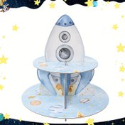 Resim 1 Set, Mavi Beyaz Roket Kağıt Pasta Standı, Doğum Günü Partisi İçin 2 Katlı Tatlı Sergi Tutucu, Mutlu Doğum Günü Parti Yemek Masası Merkezi Süsü, Bebek Duşu Partisi Malzemeleri, Pasta Standı Parti Paketleri 