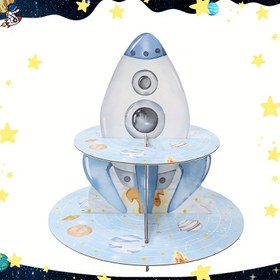 Resim 1 Set, Mavi Beyaz Roket Kağıt Pasta Standı, Doğum Günü Partisi İçin 2 Katlı Tatlı Sergi Tutucu, Mutlu Doğum Günü Parti Yemek Masası Merkezi Süsü, Bebek Duşu Partisi Malzemeleri, Pasta Standı Parti Paketleri 