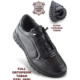 Resim 909 Tam Ortopedik Taban Hakiki Deri Erkek Ayakkabı Kadın Ayakkabı Kaymaz Taban Unisex Ayakkabı Lastikli Bağcık Siyah 
