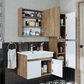 Resim Lavabolu Banyo Dolabı 3lü Set - Atria - 85 CM / Atlas Çam-Beyaz 