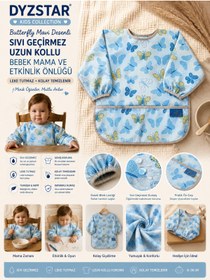 Resim DYZSTAR Butterfly Mavi Desenli Uzun Kollu Sıvı Geçirmez Bebek Mama Önlüğü - Cepli, Leke Tutmaz Aktivite ve Yemek Önlüğü 6-36 Ay 
