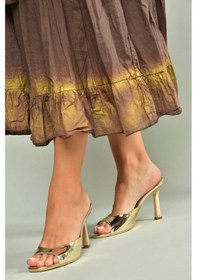 Resim Fox Shoes U997062834 Altın Ayna İnce Topuklu Kadın Terlik Altın 
