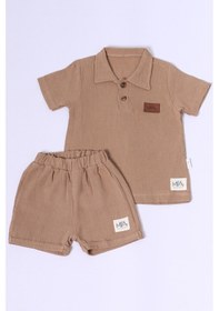 Resim Erkek Bebek Şortlu Takım Polo Yaka Düğmeli Düz Renk E8 kahverengi 