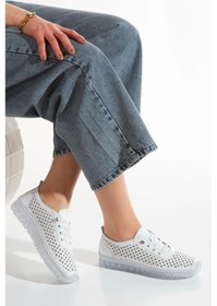 Resim 1702 Aymoda Soft Hakiki Deri Lazer Delikli Ortopedik Günlük Casuel Bayan Ayakkabısı Beyaz 