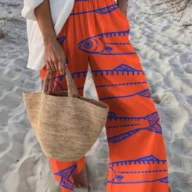 Resim Kadınlar için Yazlık Rahat Geniş Bacaklı Pantolon - Canlı Turuncu Balık Baskısı, Gevşek Kesim, Hafif Polyester Karışımı, Plaj ve Tatil için Mükemmel 