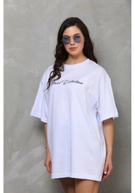 Resim Assema Kadın Baskılı T-shirt Kısa Kol Bisiklet Yaka Regular Rahat Kalıp Günlük Tişört - Beyaz Çok Renkli 