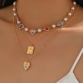 Resim 3 adet Kadın Takı Seti, Retro ve Şık Stil, Aşk Kalp Kolye ve Choker, 18K Altın Kaplama Çinko Alaşımlı Plastik Mozaik, Günlük Kullanım ve Sevgililer Günü Hediye Verme İçin İdeal 