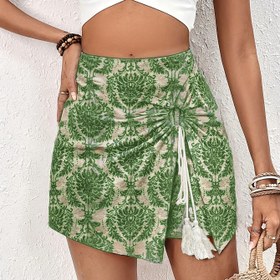 Resim Yüksek Bel Taslama Detaylı Çiçek Desenli Mini Etek - Hafif Polyester, Bahar/Yaz/Sonbahar Tatil Kıyafetleri İçin Mükemmel, Tatil Mini Etek | Yüksek Bel Etek | Hafif Kumaş 