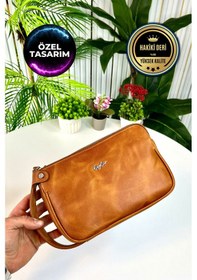 Resim Rewoler Antik Taba Çift Fermuarlı Hakiki Deri El Çantası Antik Taba 