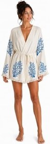 Resim Sedna Kadın Ekru Müslin Kimono Bornoz - Kuşaklı, Püskül Detaylı, Oversize Rahat Kesim Plaj & Ev Giyim 