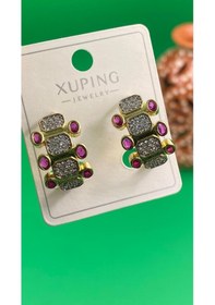 Resim Xuping Altın Renginde Halka Model Mor Taşlı Çelik Küpe Altın 