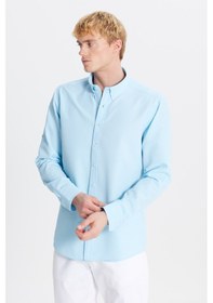 Resim Erkek Turkuaz Tailored Slim Fit Dar Kesim Düğmeli Yaka Gofre Desenli Gömlek Turkuaz 