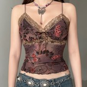 Resim Retro Çiçek Desenli Kontrast Dantel Spagetti Askılı Bodycon Üst 