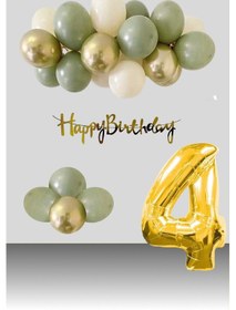 Resim 4 Yaş Retro Krom Gold Küf Yeşili Kum Beji Balon Happy Birthday Banner Gold Rakam Doğum Günü Süsleme Çok Renkli 