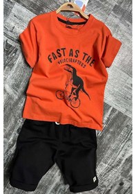 Resim Riccotarz Erkek Çocuk Dinazor Ve Bisiklet Baskılı Turuncu T-shirt Penye Şortlu Takım Turuncu 