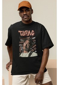 Resim Tupac Rapper Baskılı Unisex Oversize 2pac Şarkıcı Tişört Siyah 