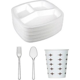 Resim 50 Adet 3 Göz Köpük Tabak + 50 Kaşık + 50 Çatal + 50 Bardak 