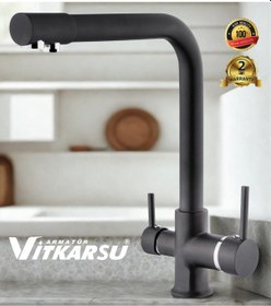 Resim Oval Lüks 3 Yollu Arıtma Çıkışlı Mix Aç-kapa Mutfak Evye Bataryası Siyah 