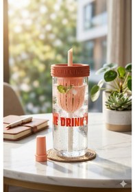 Resim 750 Ml Kırmızı Süzgeçli Pipetli Cam Matara Motivasyonel Su Şişesi Tasarımlı Isıya Dayanıklı Bardak 
