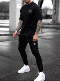 Resim DUBU BUTİK The Eagle Logo T-shirt Eşofman Alt Jogger- Siyah Baskı Alt Üst Eşofman Takım Oversize Bisiklet Yaka 
