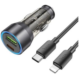 Resim Hoco Nz12a Action Pd43w Usb + Type-c Araç Çakmaklık Hızlı Şarj Aleti + Type-c To Apple Uyumlu iPhone Lightning Ka- 5775 