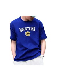 Resim Hırsch Unisex Mavi Oversize Bisiklet Yaka Mountains Baskılı T-shirt Mavi 