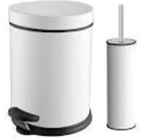 Resim Beyaz Çelik Banyo Seti, Pedallı Çöp Kovası ve Wc Fırçası 
