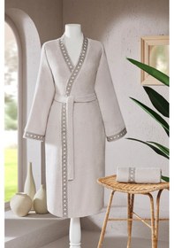 Resim Özdilek Aurea Nakışlı Kimono Kadın Bornoz Seti Bej 