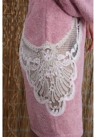 Resim Flora Gelin Bornoz Seti 5 Parça Dantelli Çeyiz Bayan Bornoz Seti Pembe 